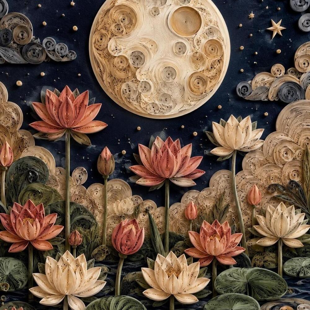 8x10 Framed Quilled Moonlit Lotus Garden Art Print